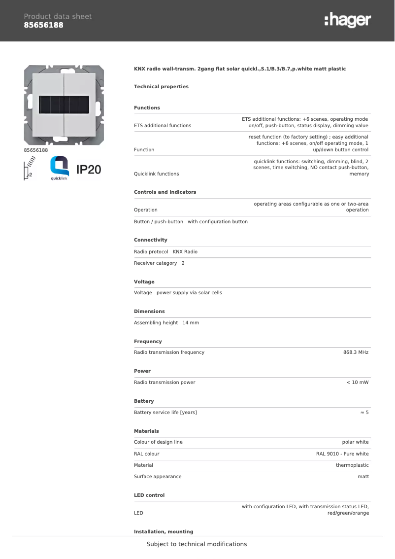 Page 1 de la notice Fiche technique Hager 85656188