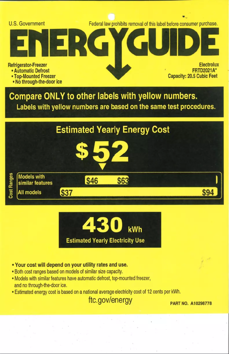 Page 1 de la notice Label énergétique Frigidaire FRTD2021AS