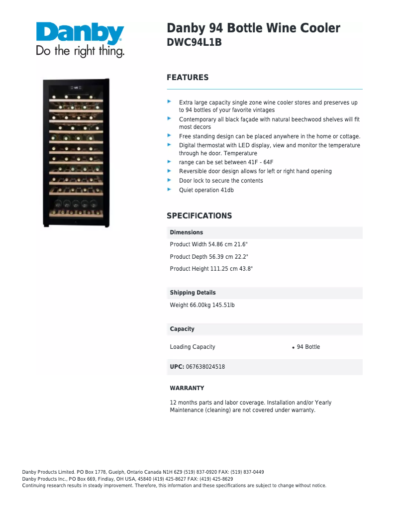 Page 1 de la notice Fiche technique Danby DWC94L1B