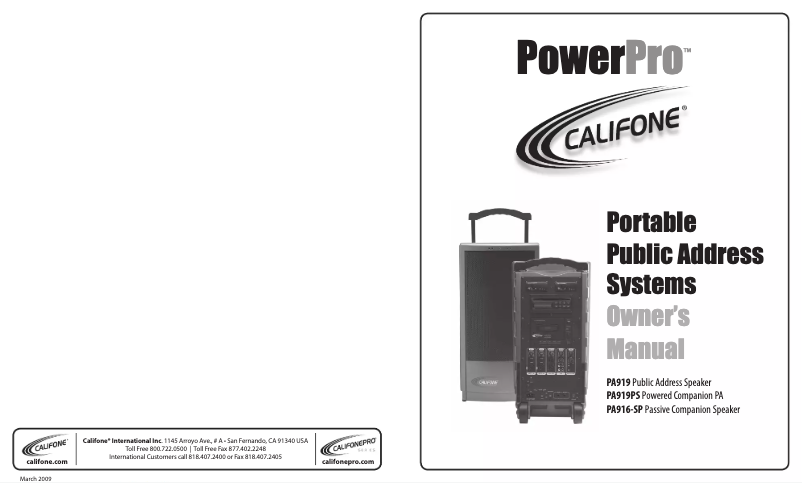 Page 1 de la notice Manuel utilisateur Califone PA919