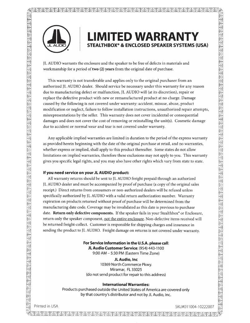 Page 1 of the manual User Manual JL Audio CP112-W0v3