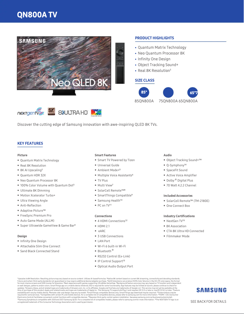 Página 1 del manual Ficha técnica Samsung QN65QN800A