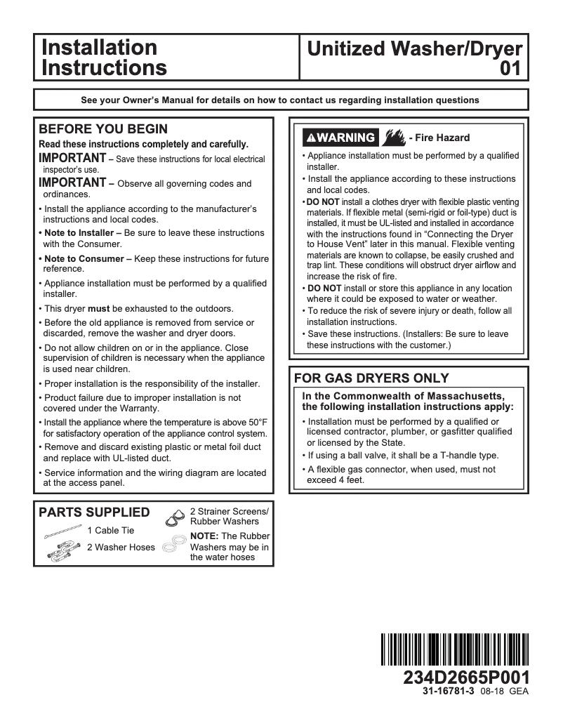 Image de la première page du manuel de l'appareil Spacemaker GUD27GESNWW