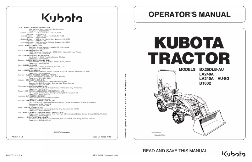 Page 1 of the manual User Manual Kubota LA240A