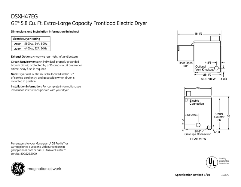 Página 1 del manual Ficha técnica GE DSXH47EGWW