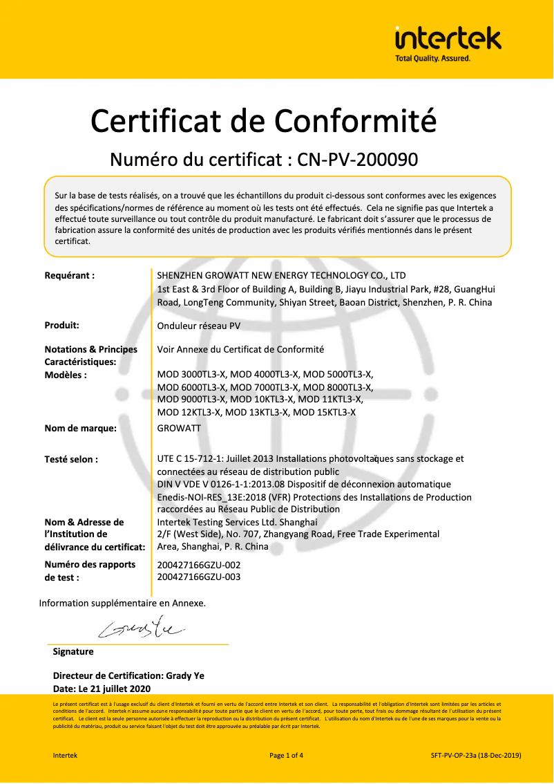 Page 1 de la notice Guide d'installation Growatt MOD 4000TL3-X