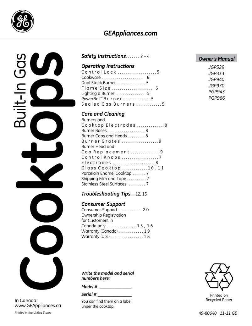 Page 1 of the manual Use and Maintenance Manual GE JGP329DETCC