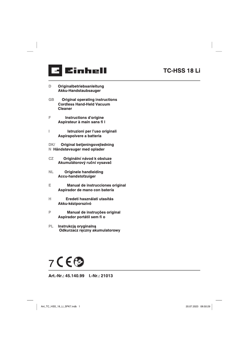 Page 1 de la notice Manuel utilisateur Einhell TC-HSS 18 Li