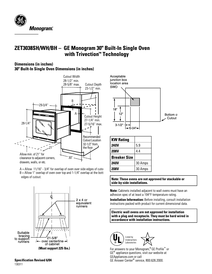 Page 1 de la notice Fiche technique GE ZET3038BHBB
