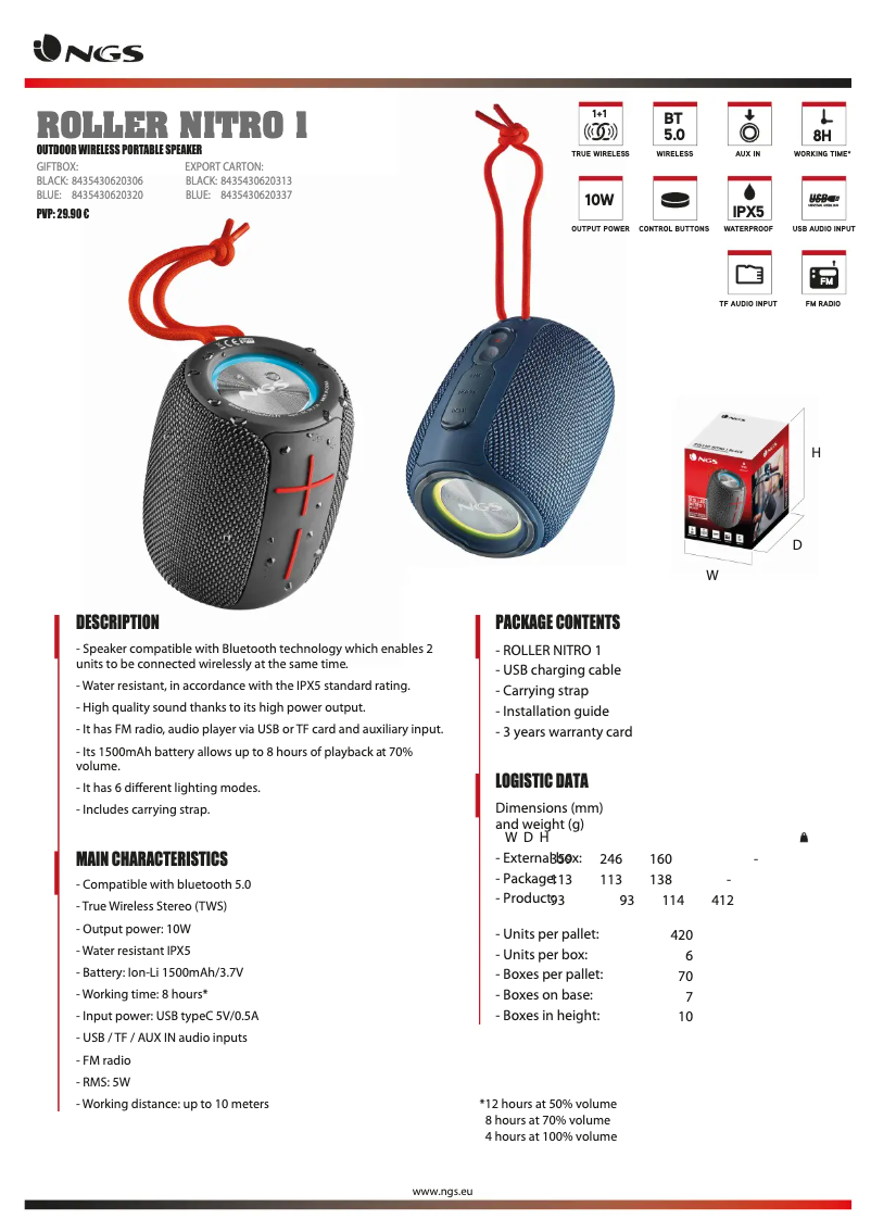 Page 1 de la notice Fiche technique NGS Roller Nitro 1