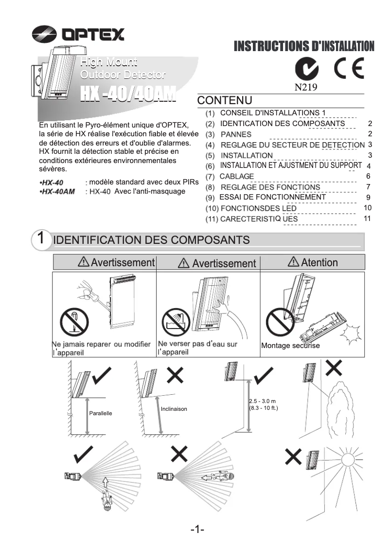Page 1 de la notice Manuel utilisateur Optex HX-40AM