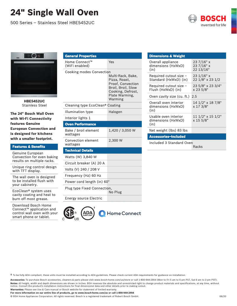 Page 1 de la notice Fiche technique Bosch HBE5452UC