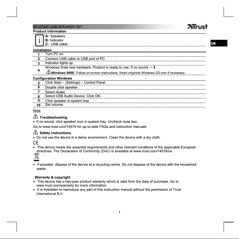 Page 1 de la notice Manuel utilisateur Trust SoundForce SP-2750p