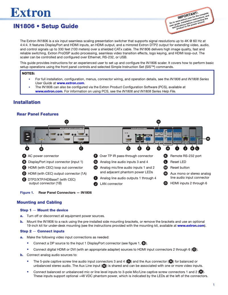Page 1 de la notice Manuel utilisateur Extron IN1806