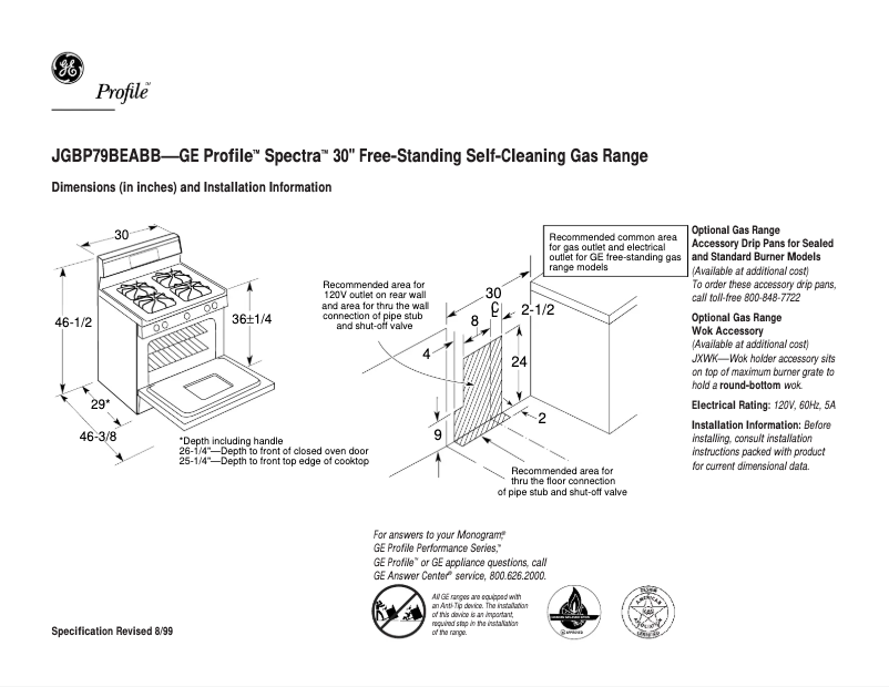 Page 1 de la notice Fiche technique GE Profile Spectra JGBP79BEABB