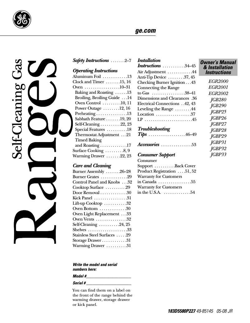 Page 1 de la notice Manuel d'utilisation et d'entretien GE EGR2000EMCC