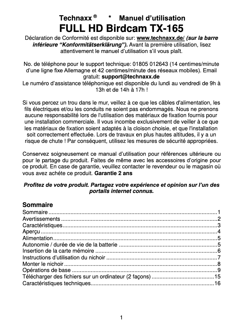 Page 1 de la notice Manuel utilisateur Technaxx TX-165