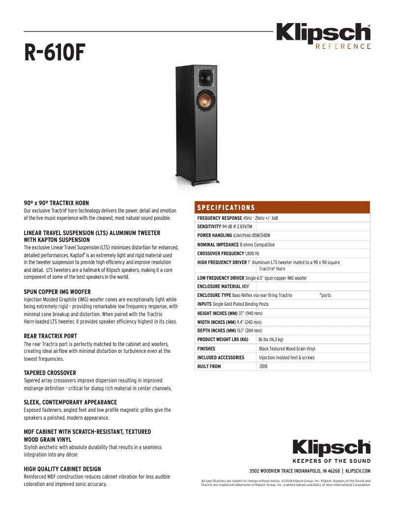Page 1 de la notice Fiche technique Klipsch Reference R-610F