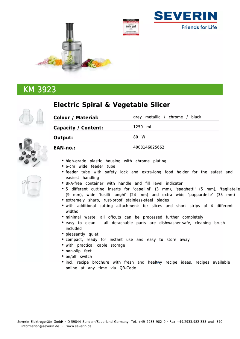Página 1 del manual Ficha técnica Severin KM 3923