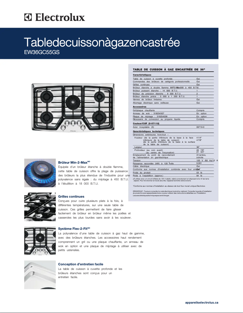Page 1 de la notice Fiche technique Electrolux EW36GC55GS
