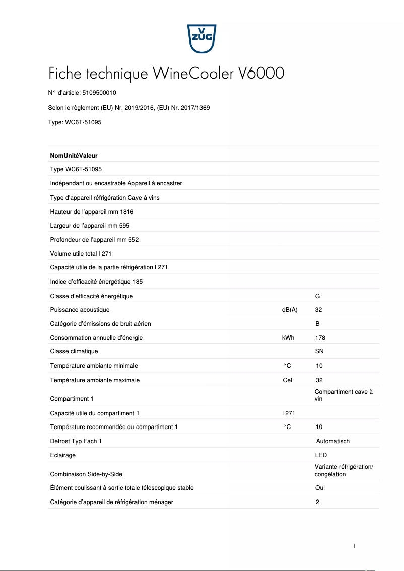 Page 1 de la notice Fiche technique V-Zug WineCooler V6000