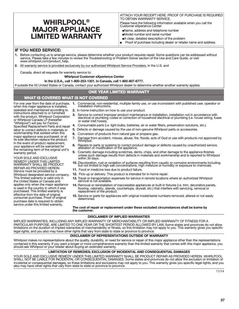 Página 1 del manual Información de garantía Whirlpool WMH78019HB