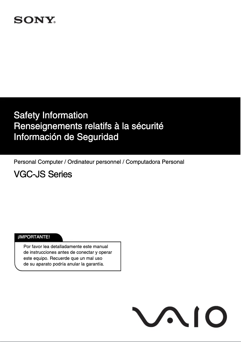 Page 1 de la notice Instructions de sécurité Sony Vaio VGC-JS320J