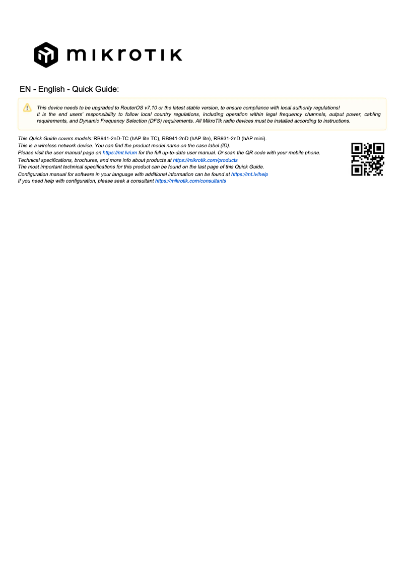 Page 1 de la notice Manuel utilisateur Mikrotik hAP lite TC