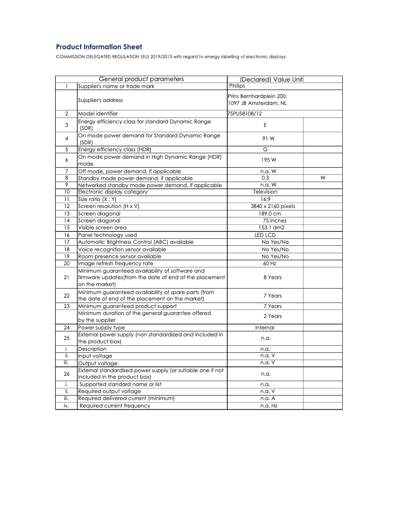 Page 1 of the manual Technical Sheet Philips 75PUS8108