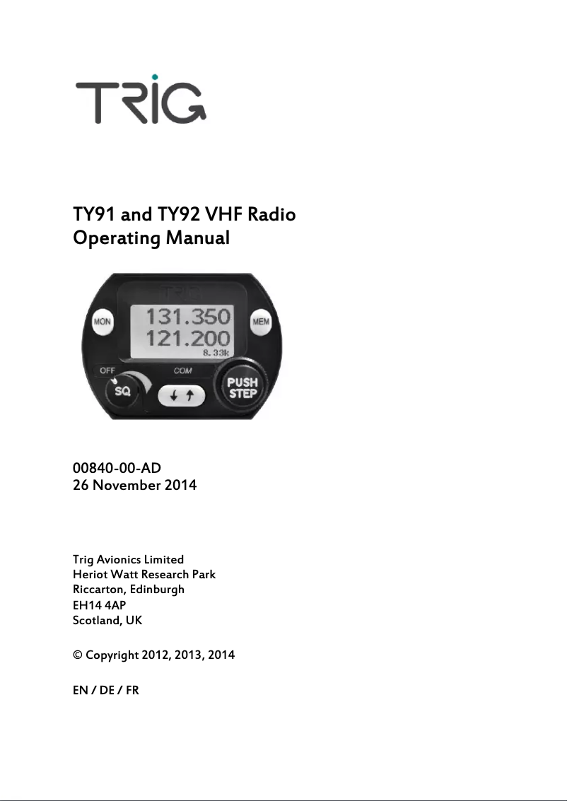 Page 1 de la notice Manuel utilisateur Trig Avionics TC90