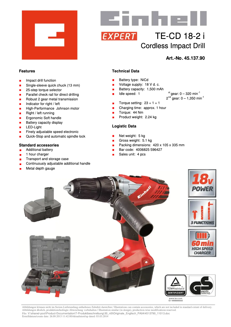 Página 1 del manual Ficha técnica Einhell TE-CD 18-2 i