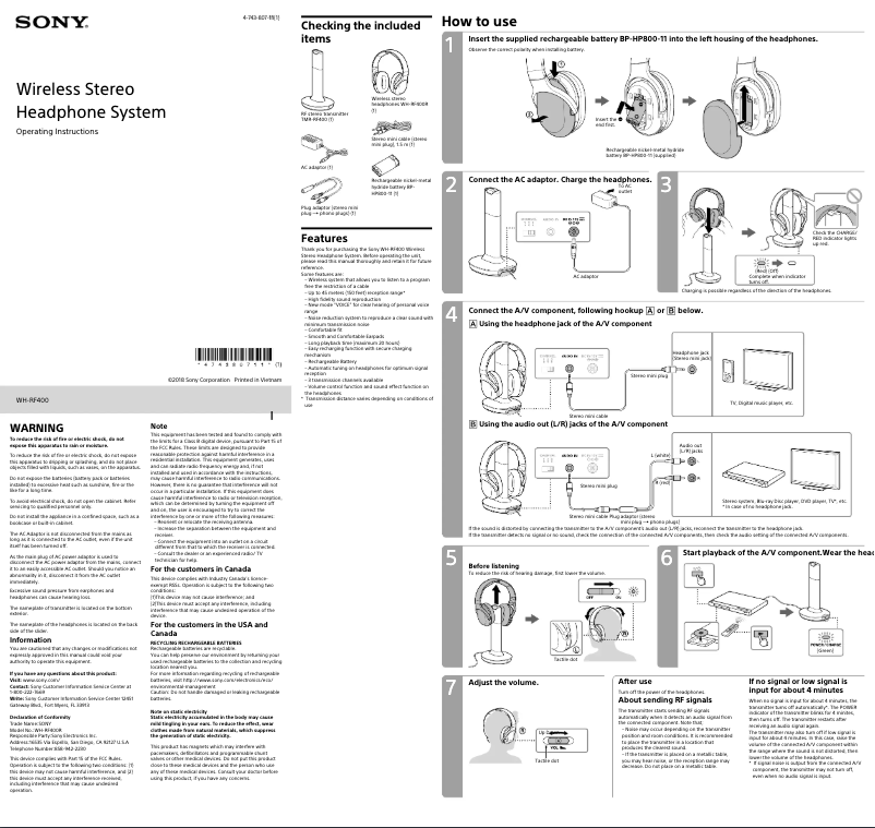 Page 1 of the manual User Manual Sony WH-RF400