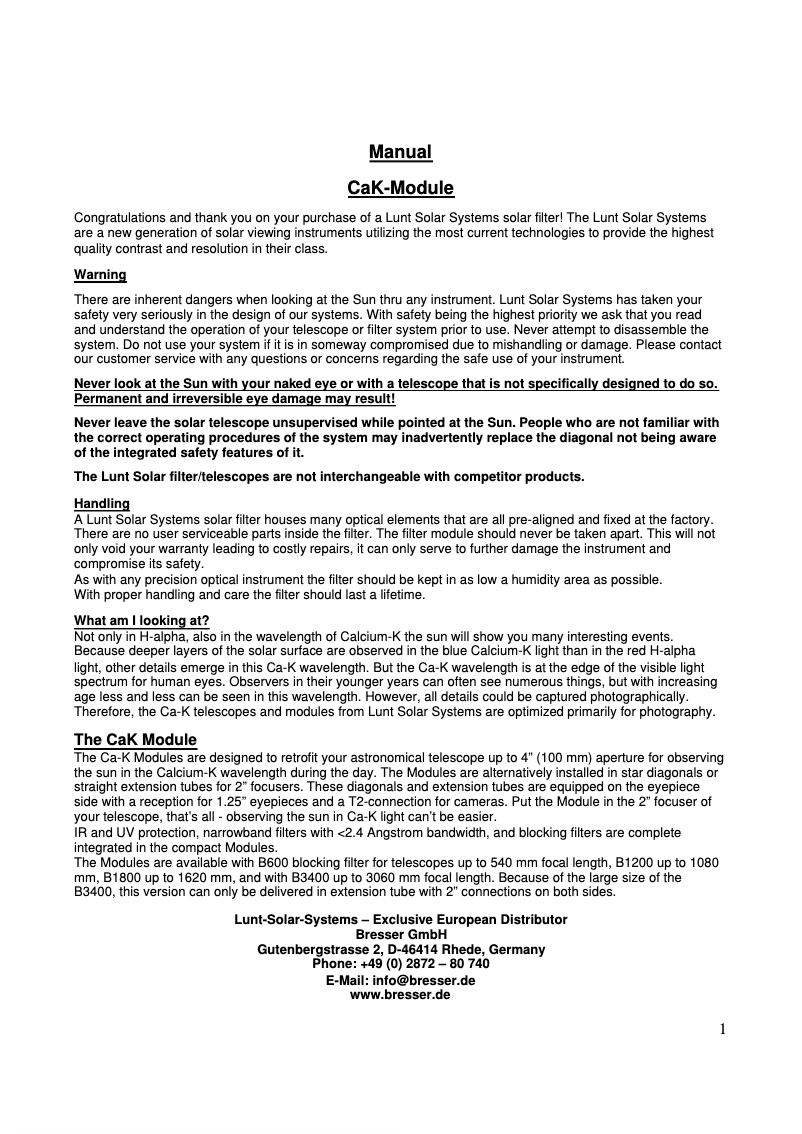 Página 1 del manual Manual de usuario Lunt Solar Systems LS18CaKMDs2