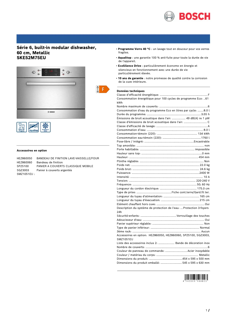 Page 1 of the manual Technical Sheet Bosch SKE52M75EU