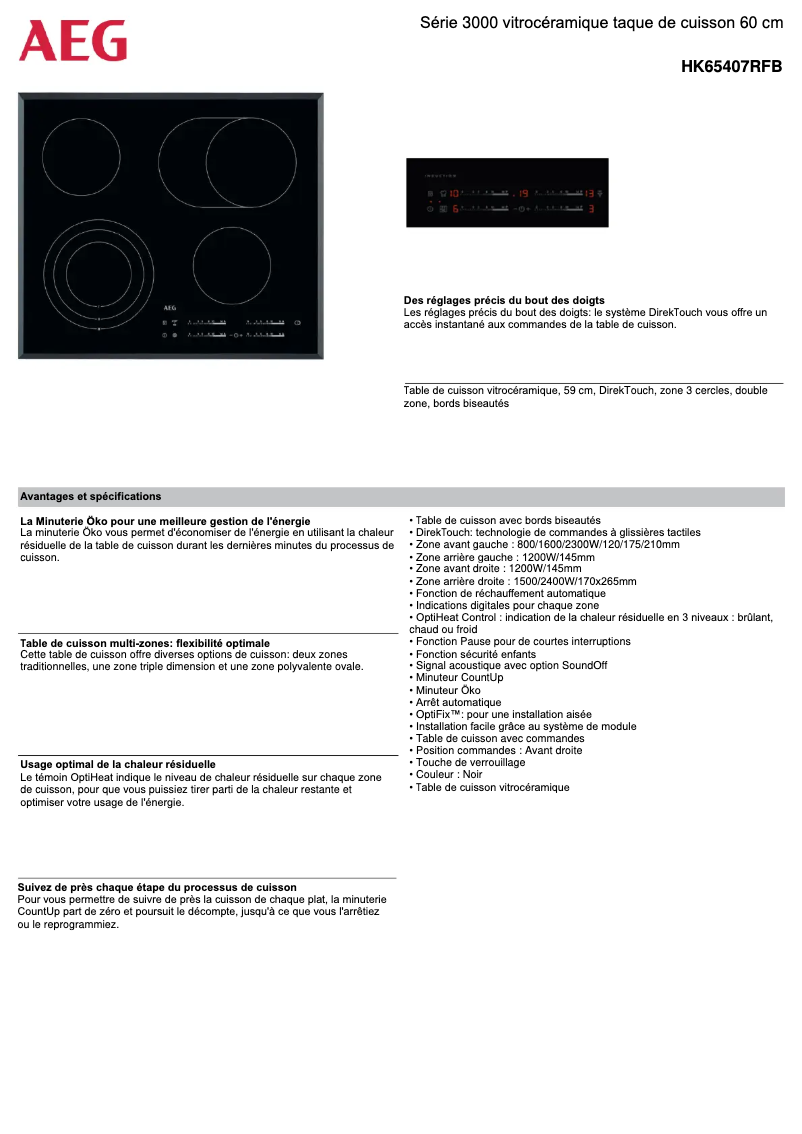 Page 1 de la notice Fiche technique AEG HK65407RFB