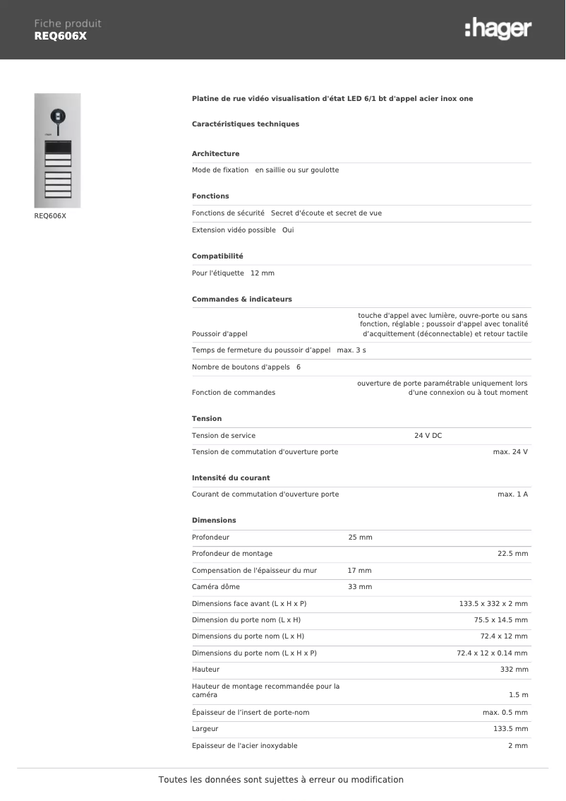 Page 1 of the manual Technical Sheet Hager REQ606X