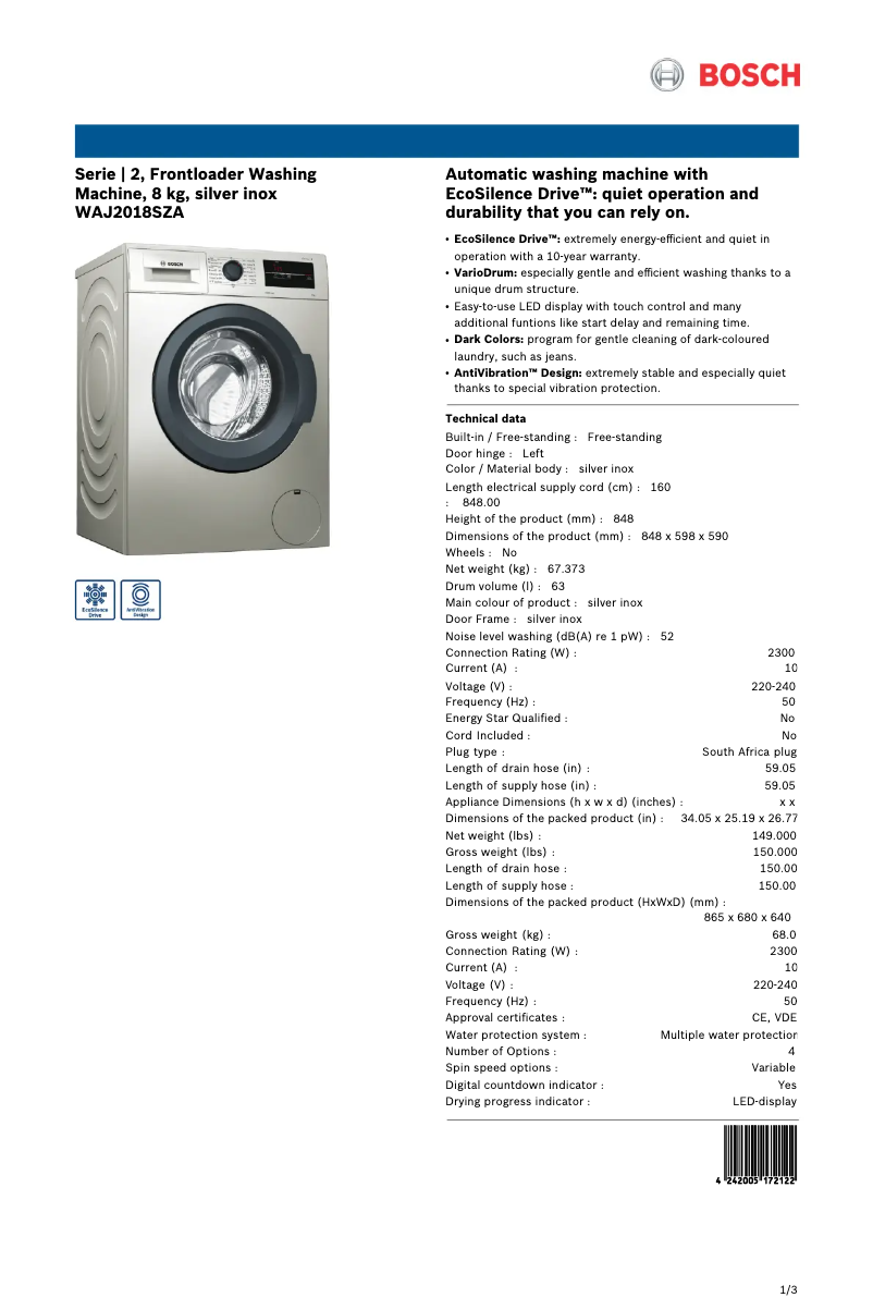 Página 1 del manual Ficha técnica Bosch WAJ2018SZA