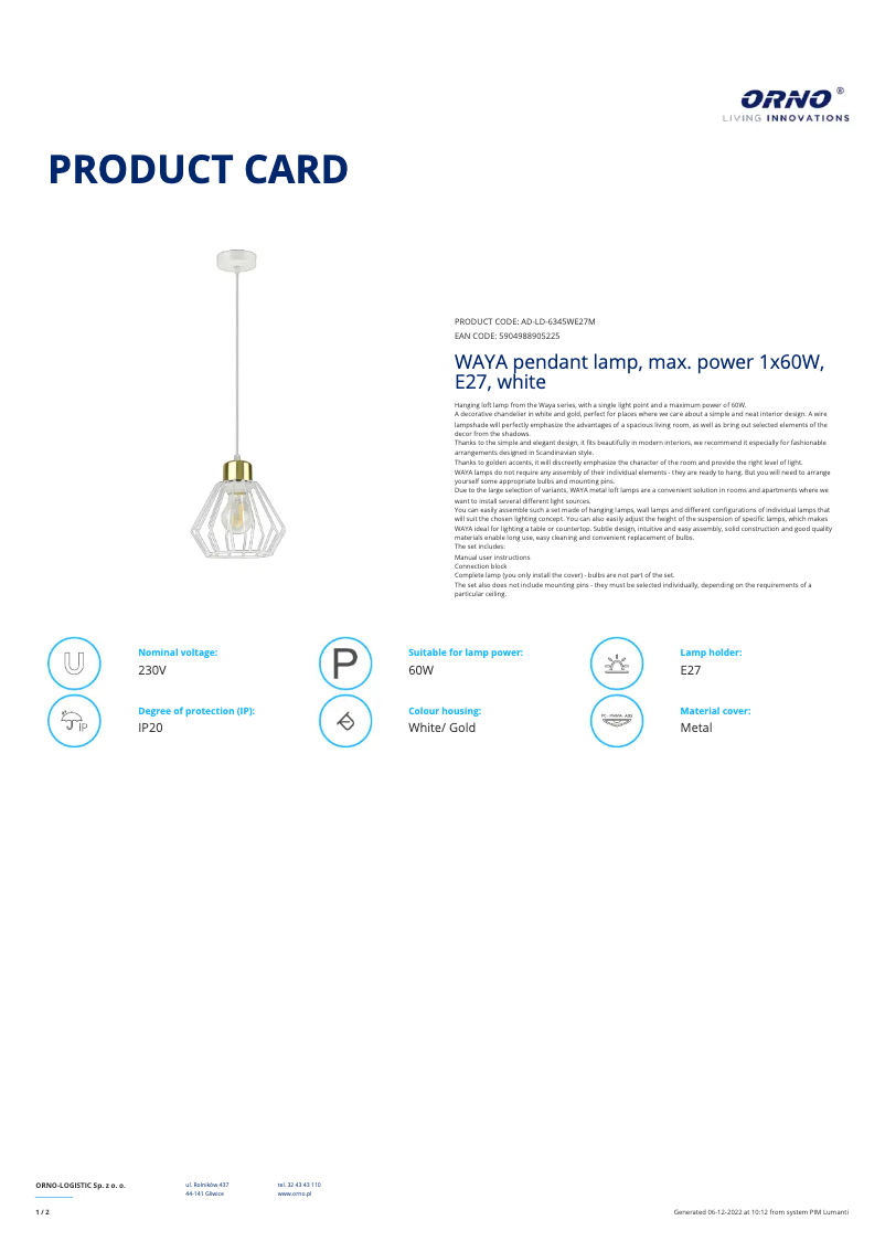 Page 1 de la notice Fiche technique Adviti AD-LD-6345WE27M