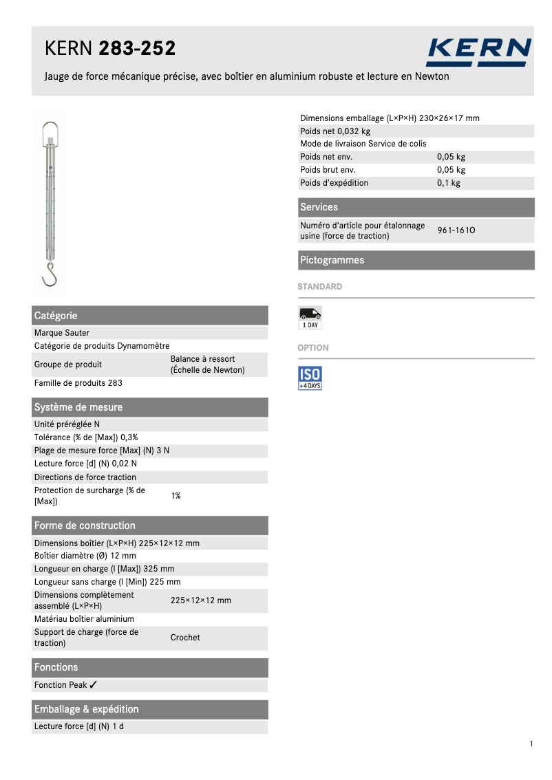 Page 1 de la notice Fiche technique Kern 283-252