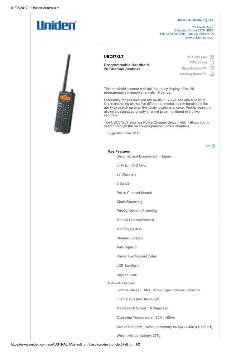 Page 1 de la notice Manuel utilisateur Uniden UBC57XLT