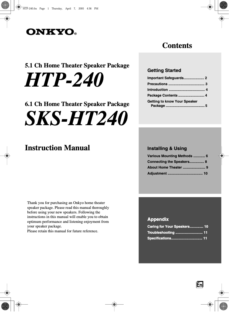 Page 1 de la notice Manuel utilisateur Onkyo SKS-HT240