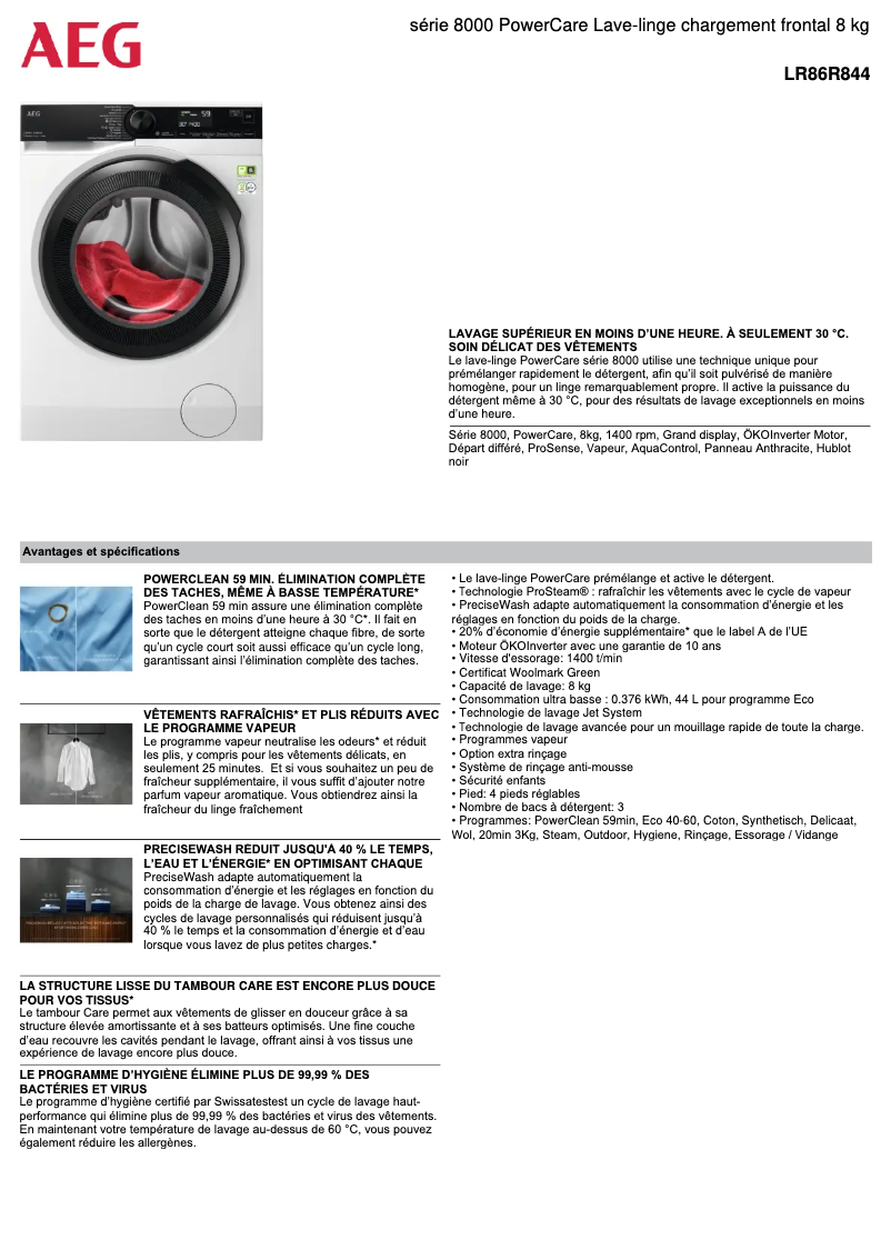 Page 1 de la notice Fiche technique AEG LR86R844
