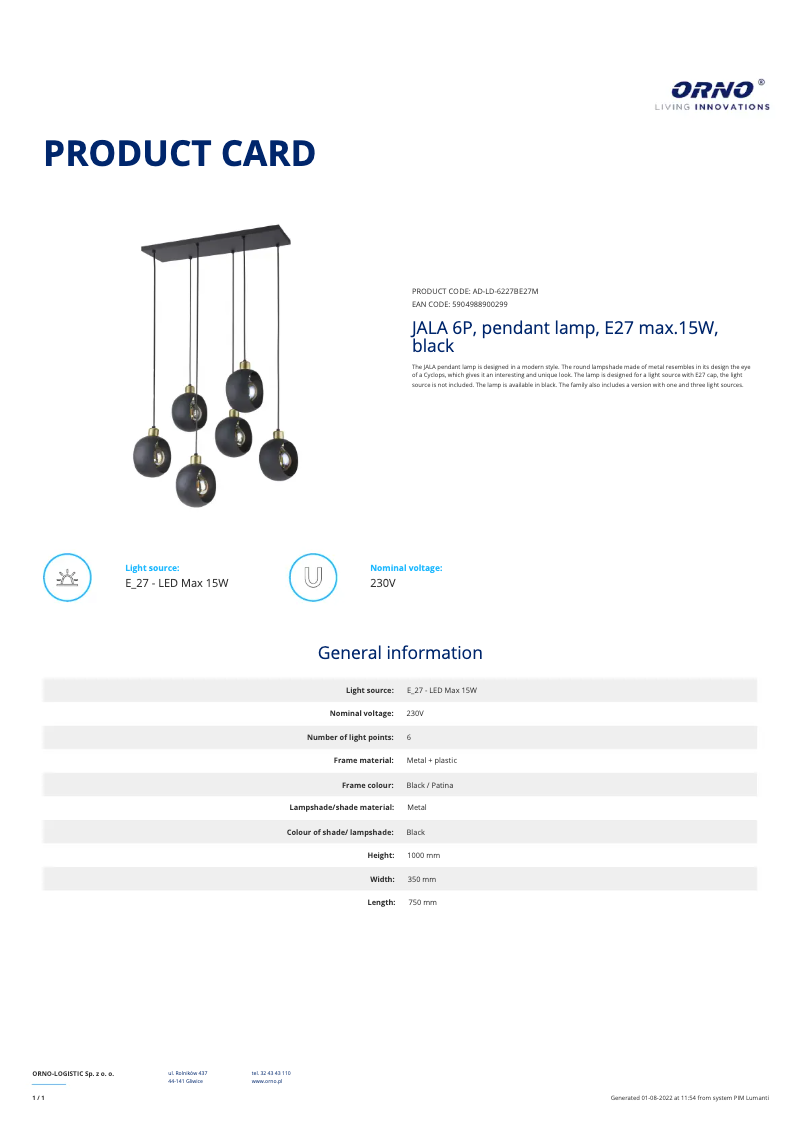 Page 1 de la notice Fiche technique Adviti AD-LD-6227BE27M