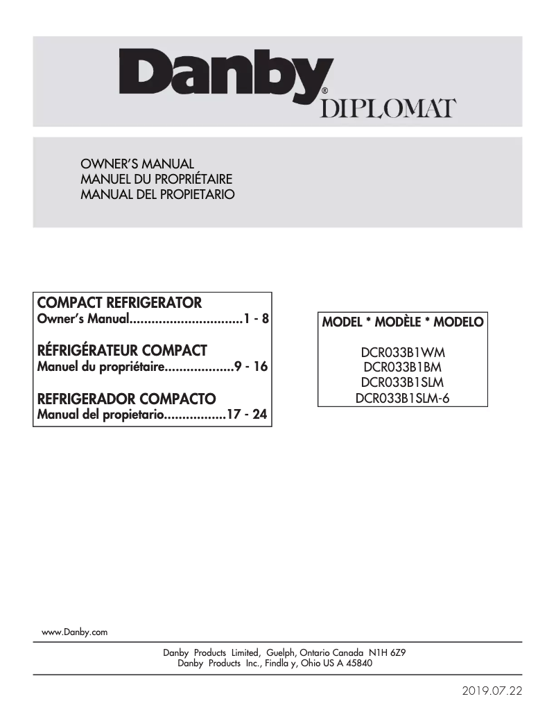 Page 1 de la notice Manuel utilisateur Danby Diplomat DCR033B1SLM
