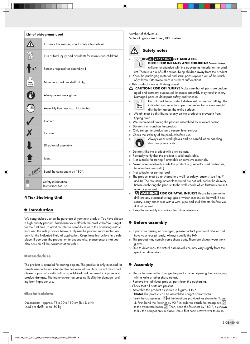 Page 1 de la notice Manuel utilisateur Parkside IAN 406333