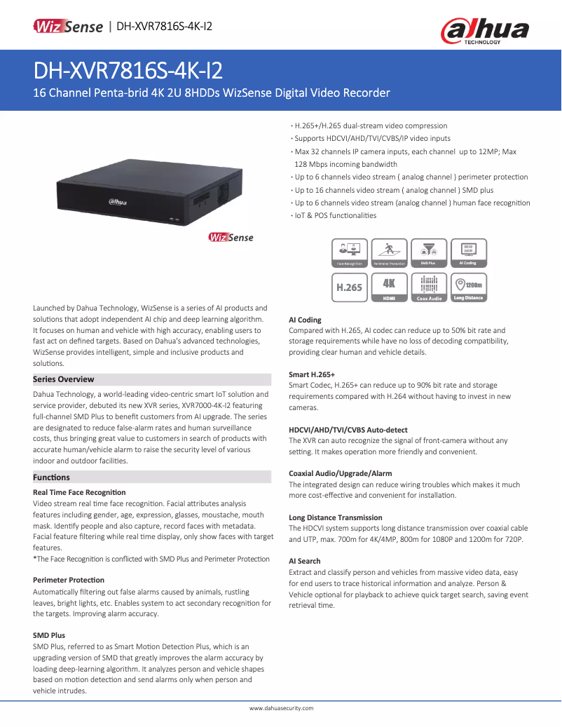 Page 1 de la notice Fiche technique Dahua Technology XVR7816S-4K-I2