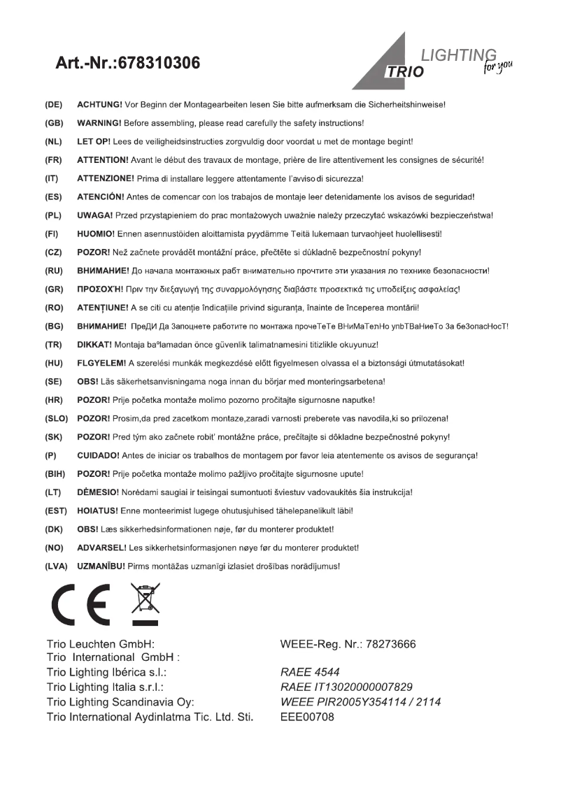 Page 1 de la notice Manuel utilisateur Trio Lighting Chris 678310306