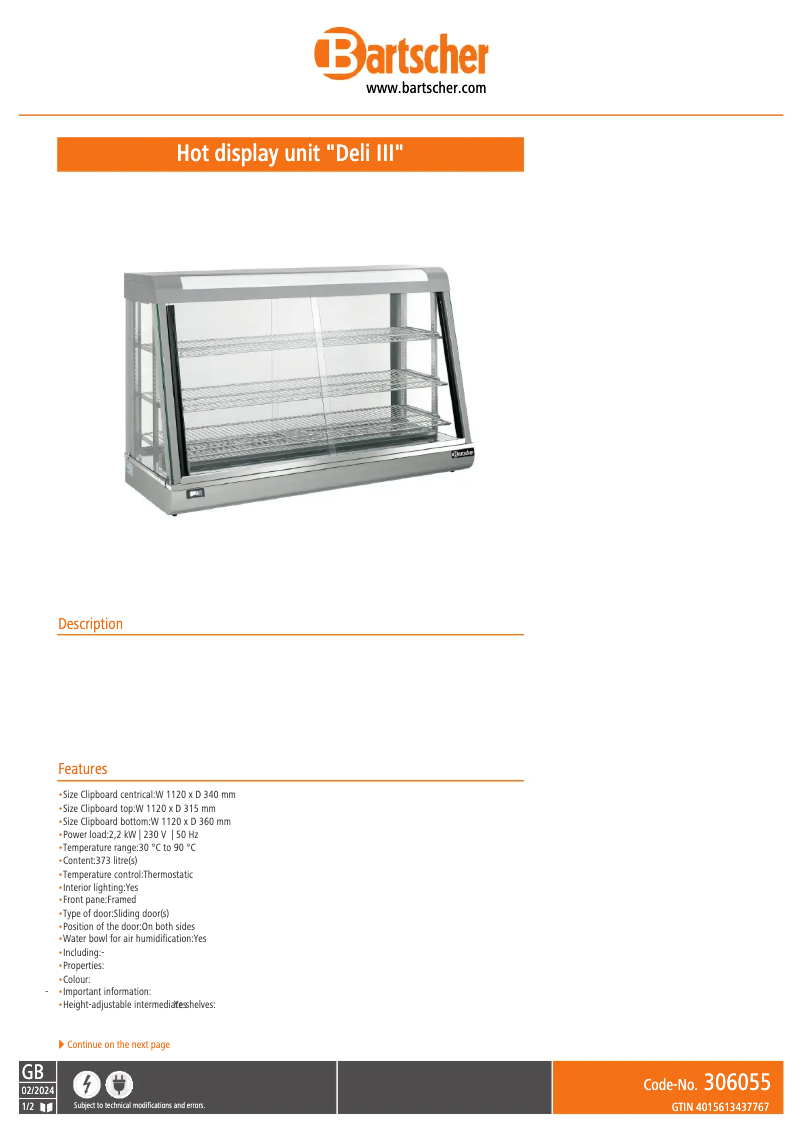 Page 1 de la notice Fiche technique Bartscher Deli 306055