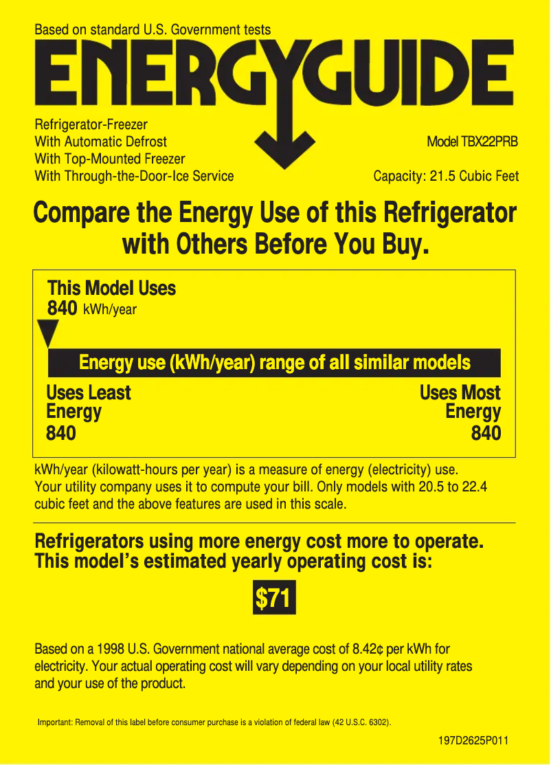 Page 1 de la notice Label énergétique GE Profile TBX22PRBRBB