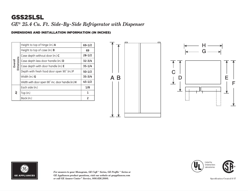 Página 1 del manual Ficha técnica GE GSS25LSLSS